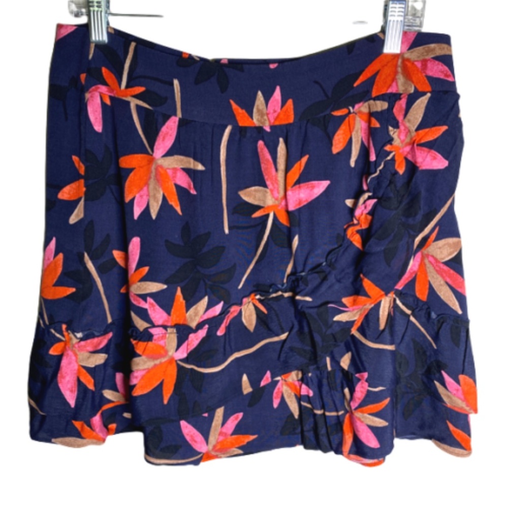 Sezane Cassi Skirt Euro Size 42 US 10 Navy Blue w Tropical Floral Lined Viscose